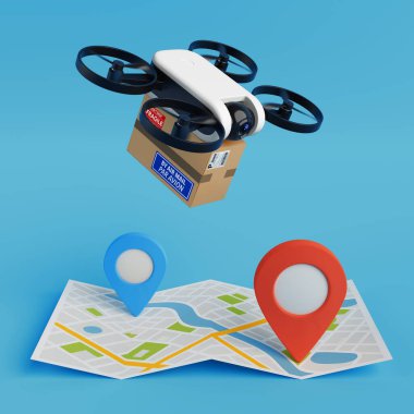 Hızlı Hava Teslimatı İnovasyonu. Drone, üzerinde mavi ve kırmızı lokasyon iğneleri olan karton bir paket taşıyor. 3d Hazırlama