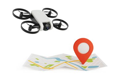Navigasyon ve Teslimat Yeniliği. Beyaz arka planda kırmızı lokasyon iğnesi olan katlanmış haritanın üzerinde uçan insansız hava aracı. 3d Hazırlama