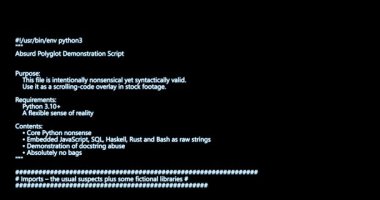 4k Çözünürlük Video: Programlama ve Soyutlama Konsepti. Gömülü Dil Parçacıkları ve Bilimkurgu Referanslı Komik Python Kodu Siyah Arkaplan Ekranına Yazıyor