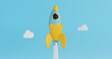 4k Çözünürlük Videosu: Yenilik ve Başlangıç Konsepti. Renkli Çizgi Film Roketi Alpha Matte ile Bulutların İçinde Mavi Gökyüzüne Uçuyor