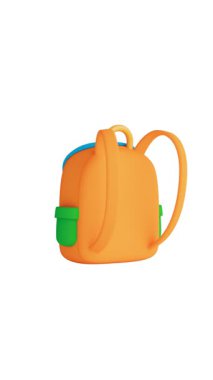 Sosyal medya için 4k Çözünürlük Dikey Videosu: Eğitim ve Çocukluk Konsepti. Renkli Çizgi film Sırt Çantası Simgesi Cepleri ve Fermuarsız Döngüsü Alfa Eşleşmesi ile Beyaz Arkaplanda Dönüyor