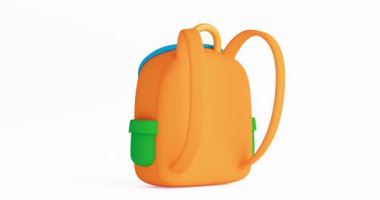 4k Çözünürlük Videosu: Eğitim ve Çocukluk Konsepti. Renkli Çizgi film Sırt Çantası Simgesi Cepleri ve Fermuarsız Döngüsü Alfa Eşleşmesi ile Beyaz Arkaplanda Dönüyor