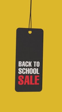 Sosyal Medya için 4k Çözünürlük Dikey Videosu: Mevsimsel Alışveriş Konsepti. Okula Dönüş İndirim Etiketi İpte asılı ve Alfa Matte ile Turuncu Arkaplanda İlerleme