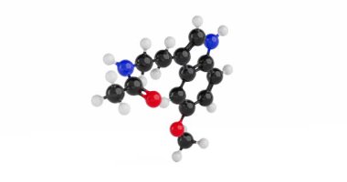 4k Çözünürlük Videosu: Kimyasal Bilim Konsepti. Renkli Melatonine Moleküler Yapı Modeli Bağlı Bağsız Döngülü Atomlar Alfa Eşleşmesi ile Beyaz Arkaplanda Dönüyor