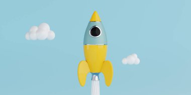 Yenilik ve Fırlatma Konsepti. Renkli Çizgi Film Roketi Bulutlara Uçuyor Mavi Gökyüzü Kapanışı. 3d Hazırlama