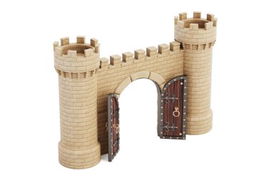 Ortaçağ Güvenlik Konsepti. Tahta kapılı eski kale duvarı ve beyaz arka planda taş kuleler. 3B Hazırlama