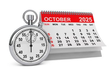 2025 Ekim takviminde Kronometre beyaz arka planda. 3d oluşturma