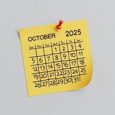 Sarı Not Kağıdı ve Ekim 2025 Beyaz arka planda el yazısıyla yazılmış takvim ve raptiye. 3d Hazırlama