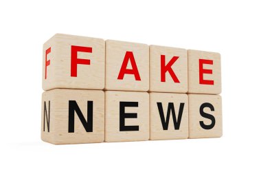 Sahte Haber Konsepti. Kalın Kırmızı ve Siyah Harfli Tahta Küpler Beyaz Arkaplan 'da sahte haber işareti oluşturuyor. 3B Hazırlama