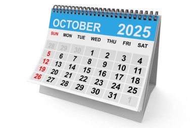 Beyaz bir arka planda 2025 Ekim takvimi. 3d oluşturma