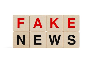 Sahte Haber Konsepti. Kalın Kırmızı ve Siyah Harfli Tahta Küpler Beyaz Arkaplan 'da sahte haber işareti oluşturuyor. 3B Hazırlama