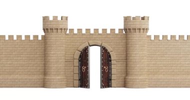 4k Çözünürlük Videosu: Ortaçağ Güvenlik Konsepti. Taş kuleleri olan eski kale duvarı ve Alfa Mate ile beyaz arka planda ahşap kapı açmak