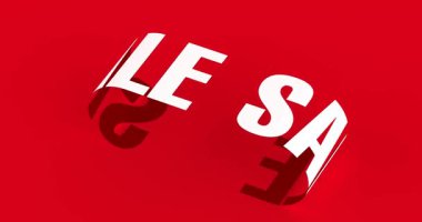 4k Çözünürlük Videosu: Satış Konsepti. Gölgesiz Döngüsüz Döngülü Beyaz Satış Tabelaları Kırmızı Arkaplan Üzerinde Taşıyıcı Şerit Çevirisi Alfa Matte ile Yakın Çekim