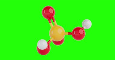 4k Çözünürlük Videosu: Kimyasal Bilim Konsepti. Yeşil Ekran Arkaplanında Alfa Matte ile Döndürülen Kusursuz Döngüsüz Bağlı Atomlar ile Renkli Sülfürik Asit Moleküler Yapısı Modeli