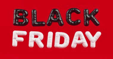 4k Çözüm Videosu: Alışveriş Satışı Konsepti. Parlak Balon Harflerinden Yapılan Kara Cuma metni Alfa Matte ile Parlak Kırmızı Arkaplanda Görünüyor