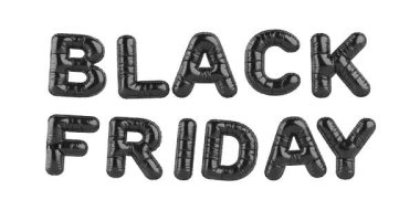 4k Çözüm Videosu: Alışveriş Satışı Konsepti. Siyah Cuma Metni Siyah Balon Harflerinden Yapılan Alfa Matte ile Beyaz Arkaplanda Görünüyor