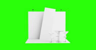 4k Çözünürlük Videosu: Sergi Kavramı. Asgari sandalyeli boş beyaz standı Alfa Matte ile yeşil ekranda farklı açılardan gösteriliyor