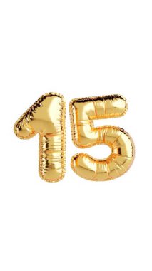 Sosyal Medya için 4k Çözünürlük Dikey Videosu: Yıldönümü Kutlaması Kavramı. Alfa Matte ile Beyaz Arkaplanda Yürüyen 15 Numara şeklinde parlak altın balon.