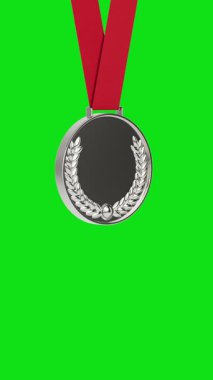 Sosyal medya için 4k Çözünürlük Dikey Videosu: Başarı Konsepti. Kırmızı Kurdeleli Gümüş Madalya Kusursuz Döngü Yeşil Ekran Arkaplanda Alfa Matte ile Dönüyor