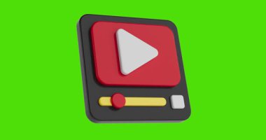 4k Çözünürlük Videosu: Medya Kavramı. Kırmızı ve Sarı Video Oynatıcı Arayüzü olan Video Oynat Simgesi Alfa Matte ile Yeşil Ekran Arkaplanı