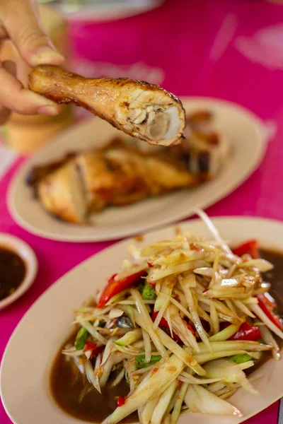 Ensalada Papaya Con Pollo Parrilla Thai Food Style Concept Vista — Foto de Stock