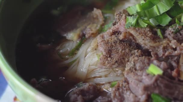 Asian Delicatessen Beef Noodles Soup — Stock Video