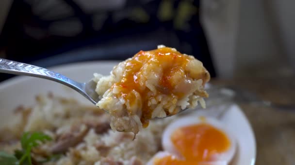 Pork Leg Rice Boiled Egg Gravy Kale White Dish Wooden — Stock Video