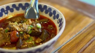 Rice noodles with spicy pork sauce. Local food of Thai in the north of Thailand