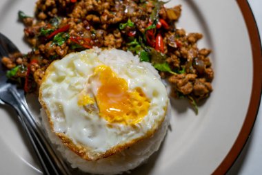 Stir fried Thai basil with minced pork and a fried egg on white plate