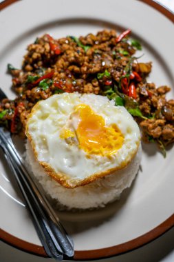Stir fried Thai basil with minced pork and a fried egg on white plate