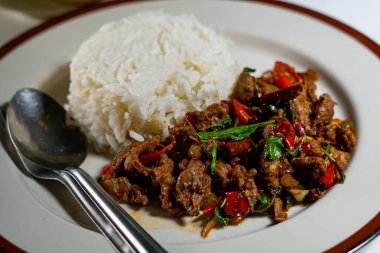 Stir fried Thai basil with minced pork and a fried egg on white plate