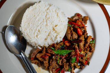 Stir fried Thai basil with minced pork and a fried egg on white plate