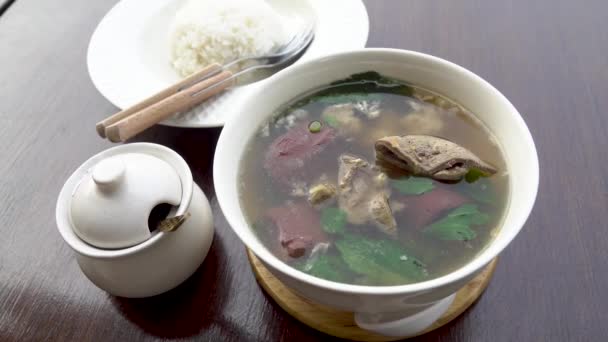 Pork Blood Tofu Soup Gourd Leaves Clear Soup Asian Style — Stock video