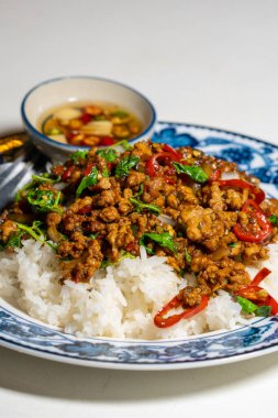 Stir fried Thai basil with minced pork and a fried egg on white plate