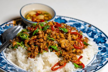Stir fried Thai basil with minced pork and a fried egg on white plate