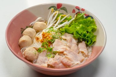 Elin yemek çubuğu tutarken, pilav çorbası içerken domuz eti, domuz eti topu ve sebze kasesinde Tayland eriştesi çorbası içerken.