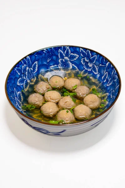 stock image Bakso Meatballs with Soup Served Chili Sauce Indonesia Food Style Popular Street Food Goodtasty decorate with carved Leek and Spring Onions topview