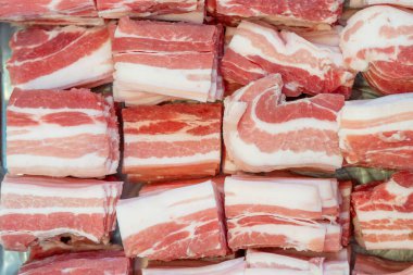 Açık gri arka planda çiğ domuz eti çeşitleri. Organik gurme yemek konsepti. Üst manzara, düz yatak, panorama, pankart