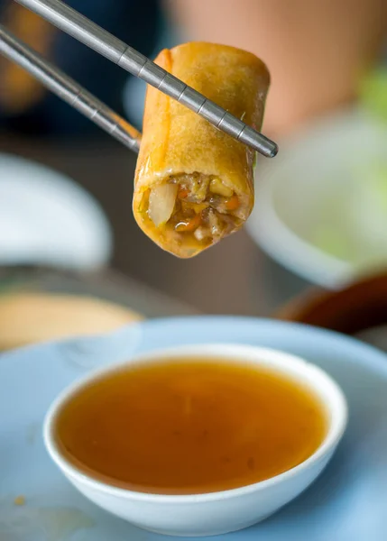 Fried Chinese Traditional Spring Rolls Food Ceramic Plate Beautiful Shape — Stock Photo, Image