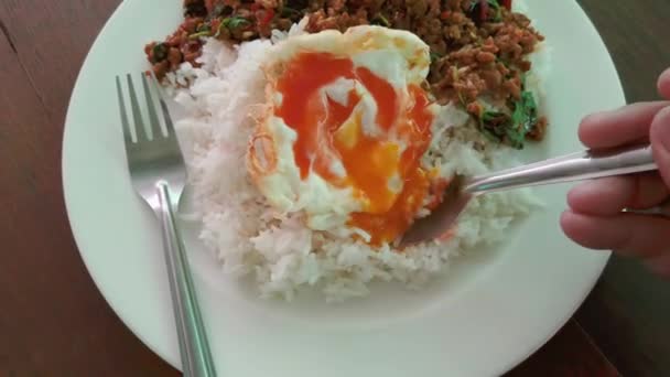 Thai Food Stir Carne Maiale Fritta Con Foglie Basilico Cibo — Video Stock