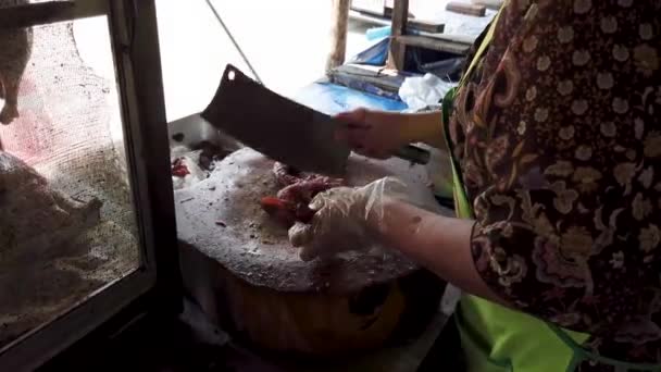 Mujer Corta Jugoso Filete Pato Con Cuchillo — Vídeos de Stock