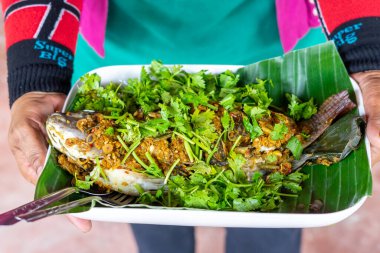 Buğulanmış balık ve sebzeli özel sos. Sağlıklı ve diyet gıdalar için iyi bir menü.