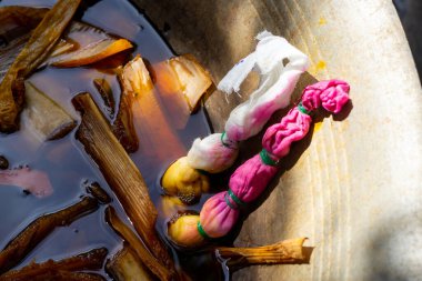 Bahçede plastik ipe asılı doğal renk boya tişörtü, açık hava gün ışığı, Tayland 'da doğal renk boyama atölyesi