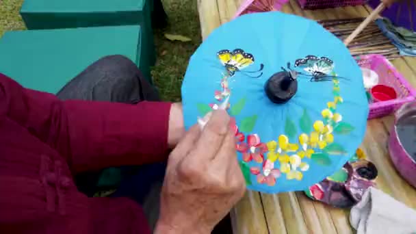 Pintura Paraguas Paraguas Tela Hecho Mano Paraguas Bosang Chiang Mai — Vídeo de stock