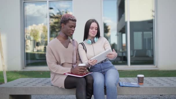 Два Молодых Студента Колледжа Просматривают Заметки Столе Сидя Кампусе Университета — стоковое видео