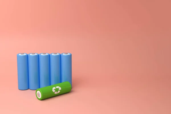 vertical row of 18650 lithium batteries in blue and a green one with the recycling symbol, 3d Render