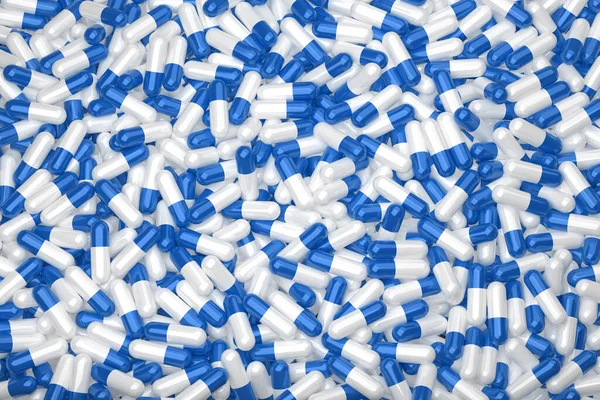 Top full-frame background view of many medicine capsules arranged chaotically. 3d render.