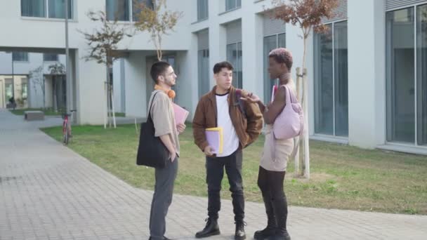 Grupa Studentów Kampusu Uniwersyteckiego Rozmawiająca Egzaminach — Wideo stockowe