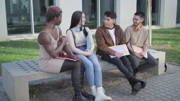 Группа Студентов Колледжа Разговаривает Кампусе Университета Время Перерыва — стоковое видео