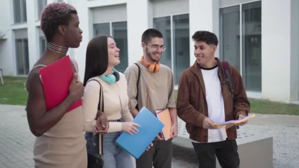 Group College Students Standing College Campus Talking Exams — Stock Video